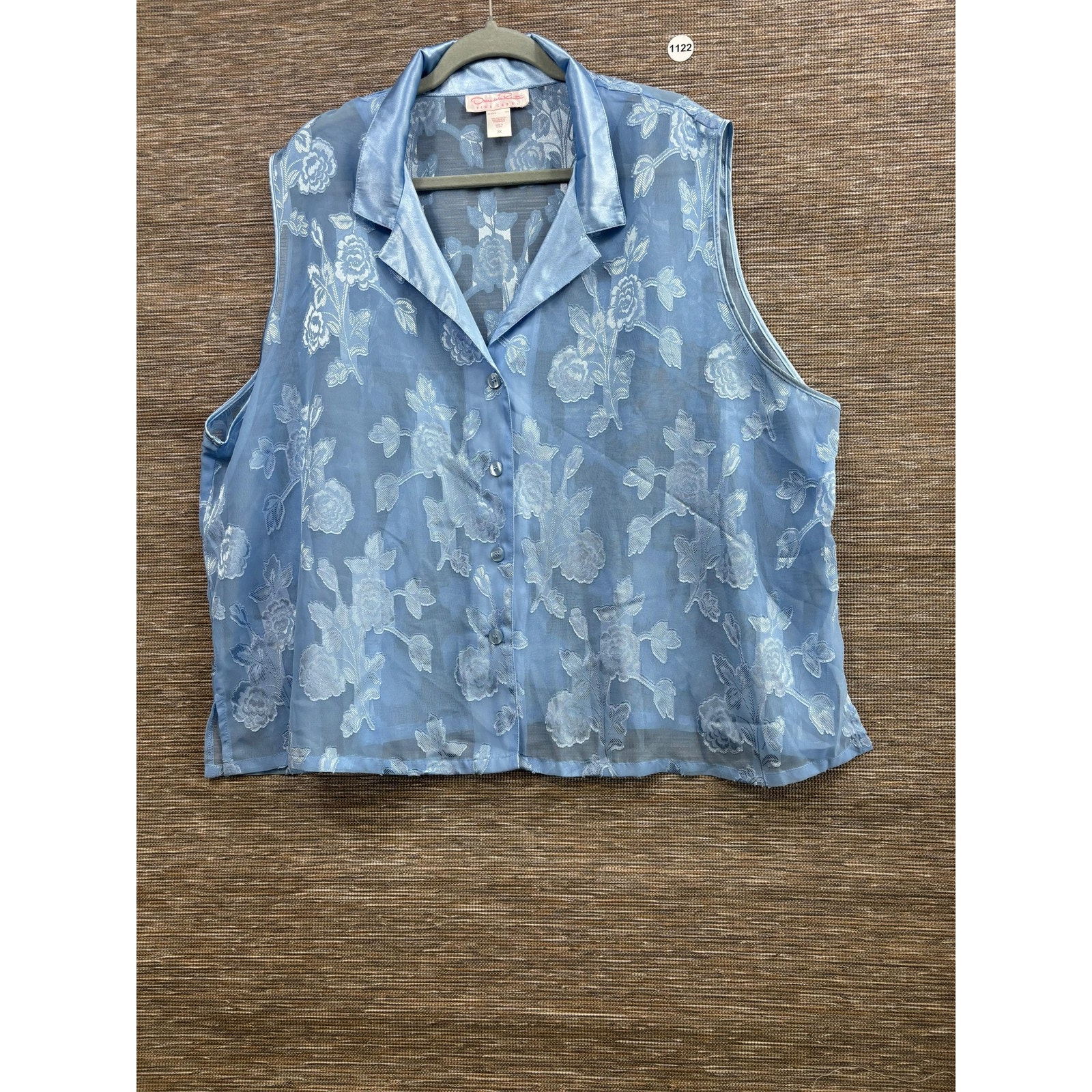 Carole Little Blouse Womens 3x Blue Sheer Floral Collared Button Front Top